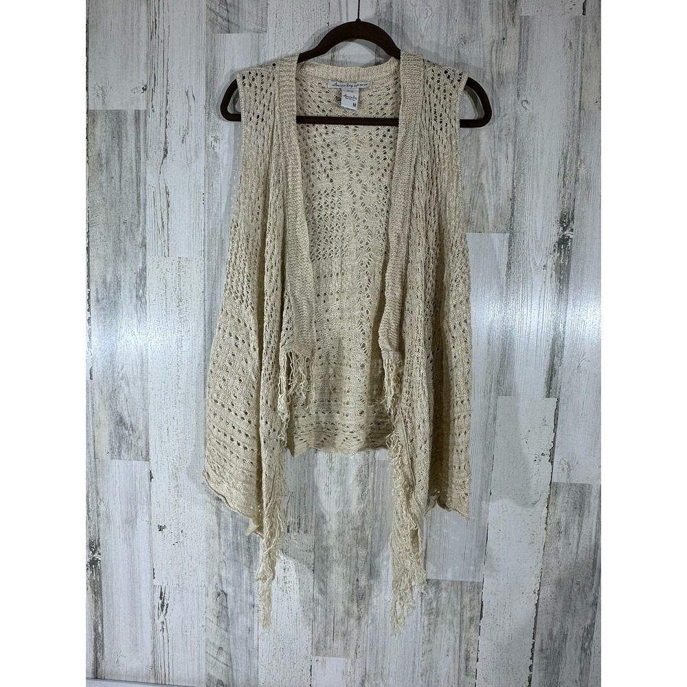 American Rag Sweater Vest Medium Beige Open‎ Knit Crochet Boho Fringe Open Front